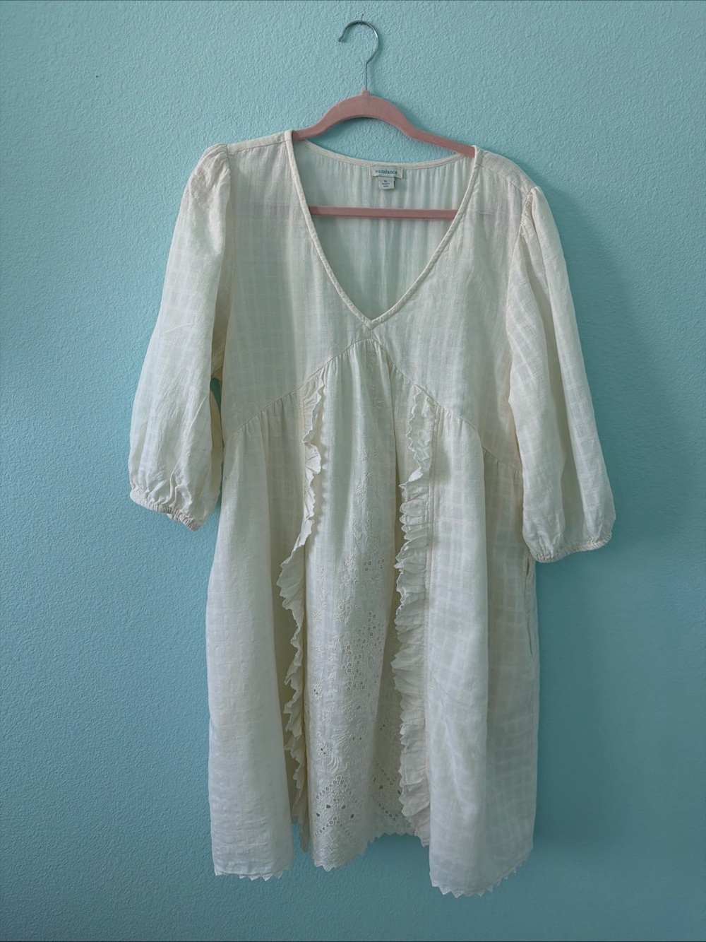 CottageCore Sundance Thora Cream Cotton Embroidered Babydoll Dress Boho XL